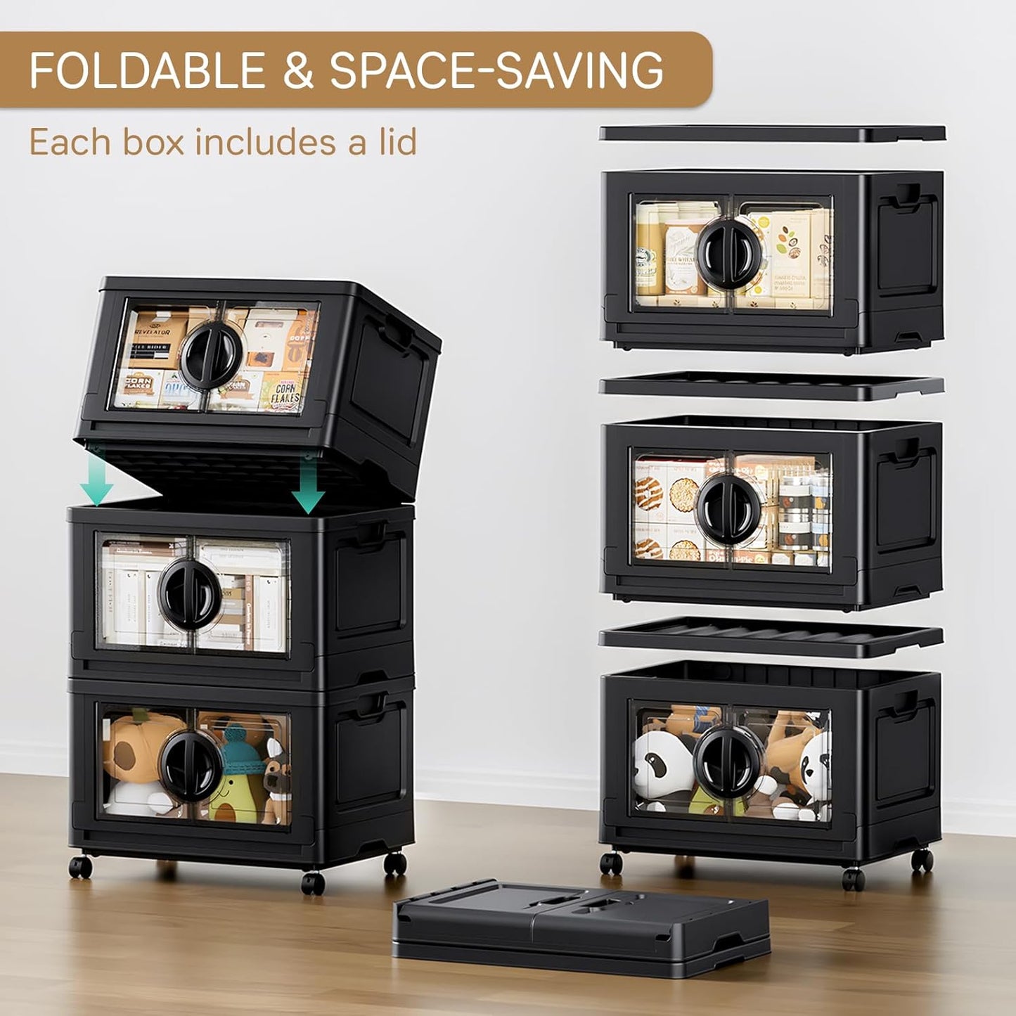 JEKO&JEKO 332Qt Lockable Stackable Storage Bins with Lids, Collapsible Closet Organizer with Wheels, Plastic Cabinet Drawer for Clothes, Dorm Room 4 Pack (Black)