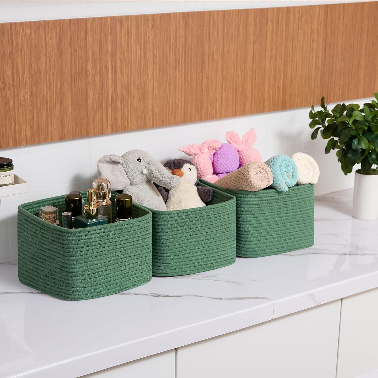 Small Organizing Baskets for Cubes Shelf, 9.7x9.7x7.1 Inch Rope Woven Storage Bins for Nursery Shelves Storage, Cute Toy Basket, Square 3 Packs Green