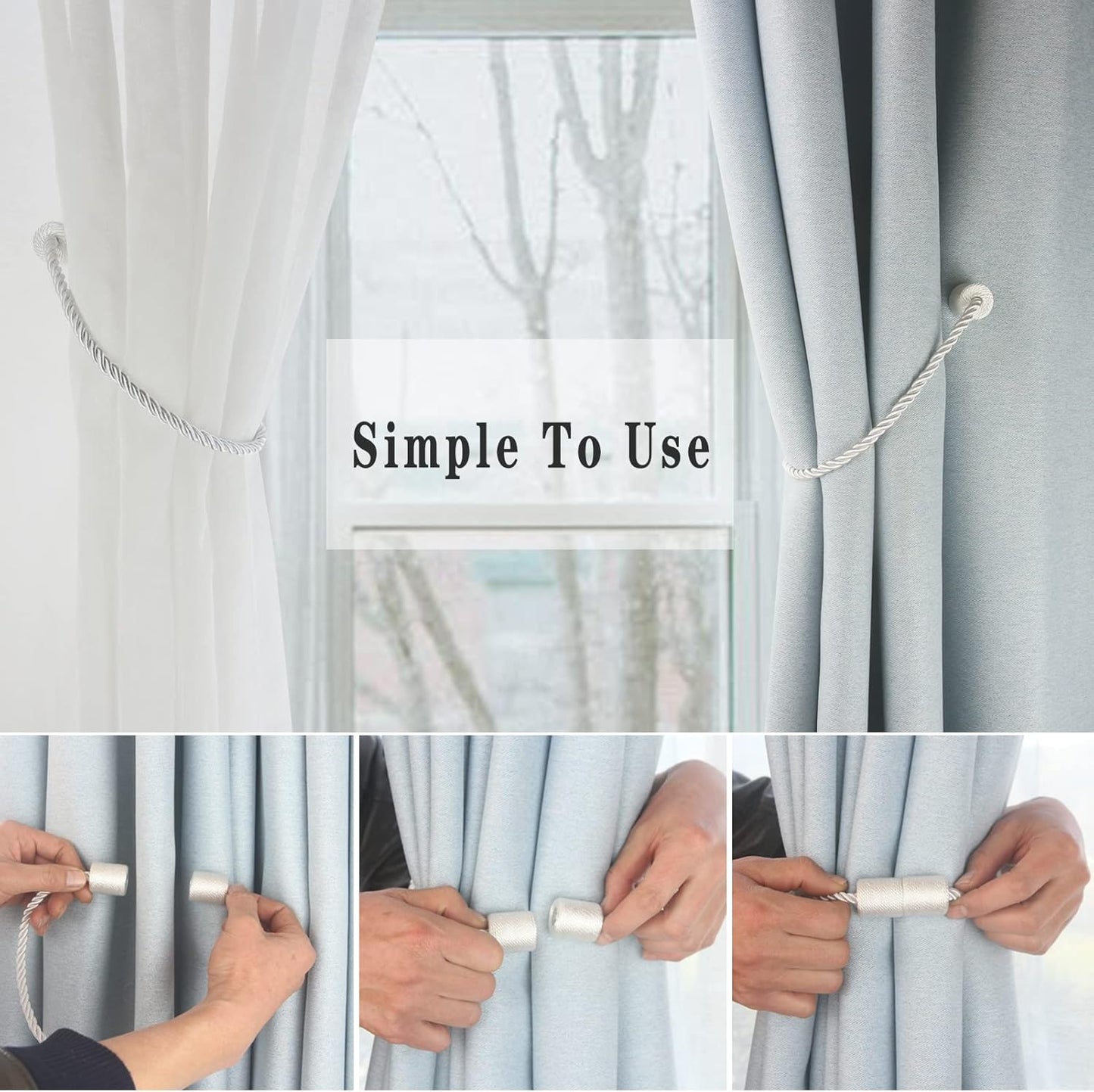 Magnetic Curtain Tiebacks 2 Pack White Rope Tieback Curtains Holders for Drapes Modern Tie Backs Decorative Window Treatment Holdbacks