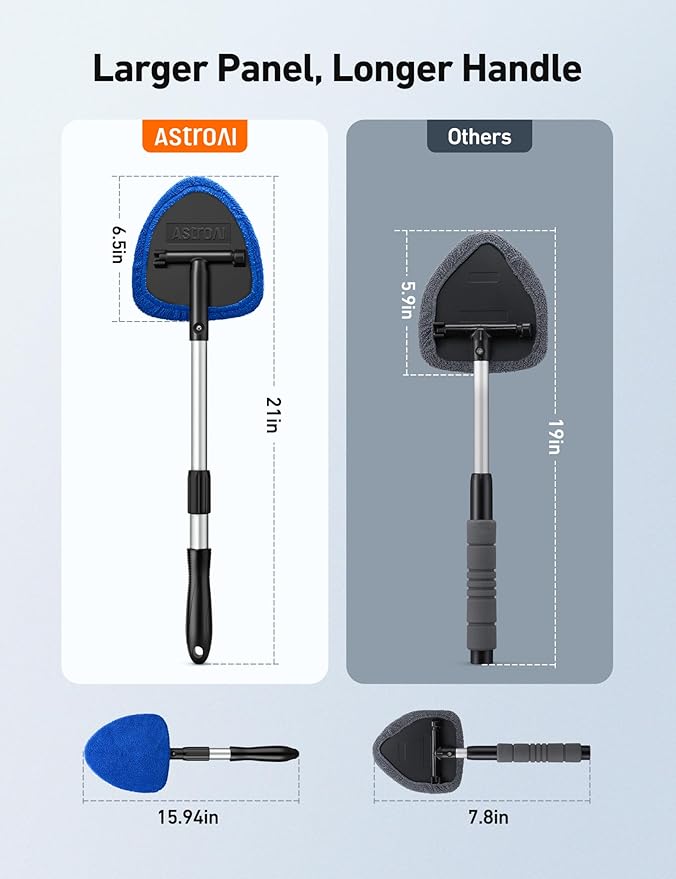 AstroAI Windshield Cleaner Tool, Car Interior Detailing Cleaning Kit with Extendable Handle and 4 Upgraded High-Density Reusable Microfiber Pads, Auto Glass Wiper Brush Kit for Cars, Blue, 15.9in-21in