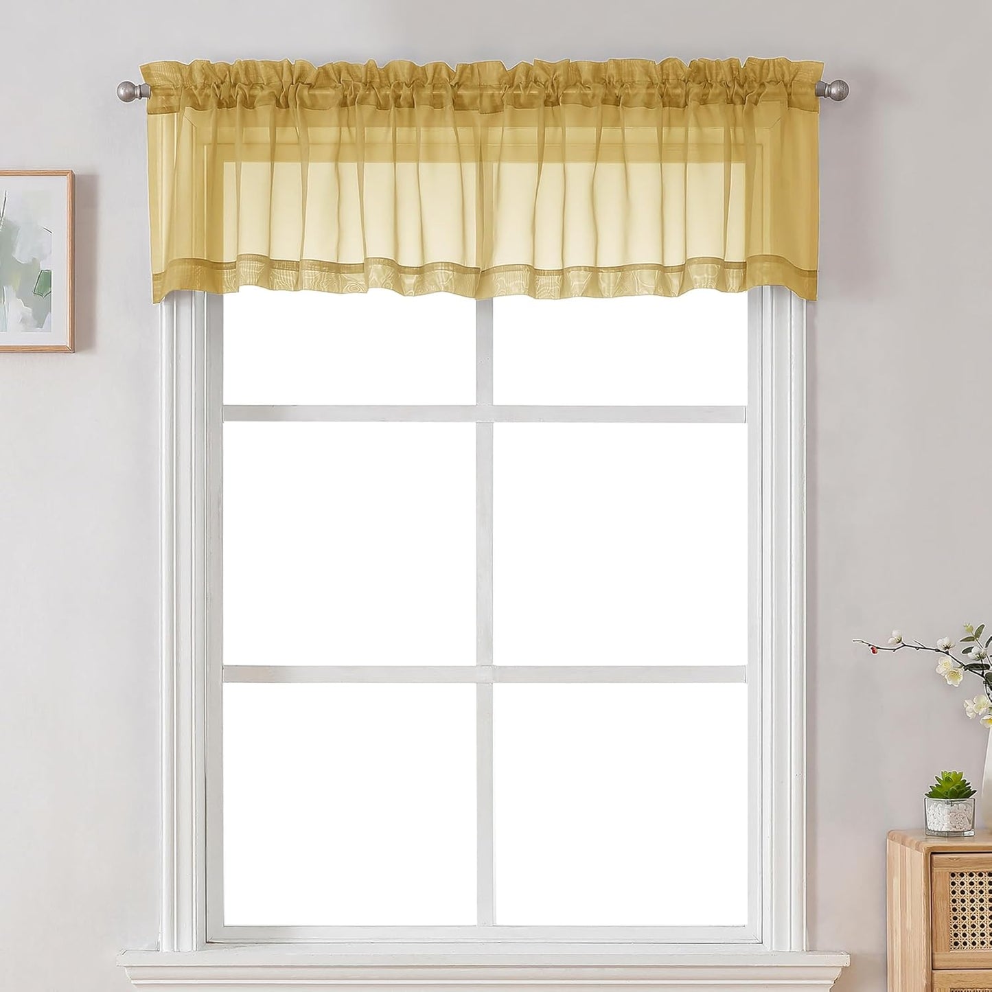 Chyhomenyc Sheer Valances for Windows 2 Pack, Small Window Curtains for Living Room Bathroom Cafe Laundry Basement, Modern Top Dual Rod Pocket Voile Curtain, 42W x 18L inches, Gold