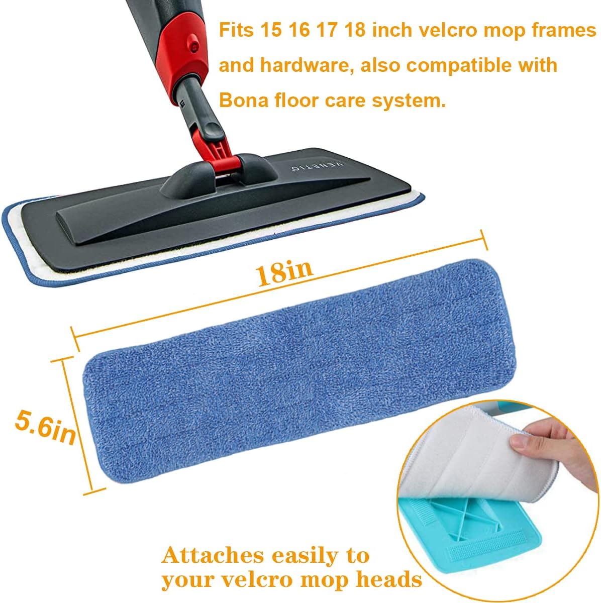 18 Inch Microfiber Spray Mop Replacement Heads Compatible with Bona, Washable Reusable Flat Mop Head Spray Mop Pads Microfiber Cleaning Pads for Wet/Dry Mops - Blue (10 Pack)