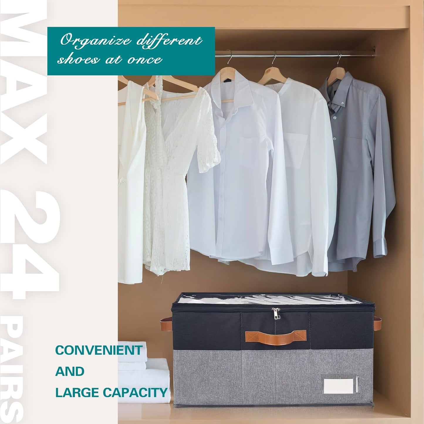 Shoe Organizer for Closet, Foldable Shoe Storage Bins with Clear Cover, Space Saving Shoes Holder with 4 Handles, Large Adjustable Shoe Box Storage Containers, Fits 12-24 Pairs, 1 Pack, Black