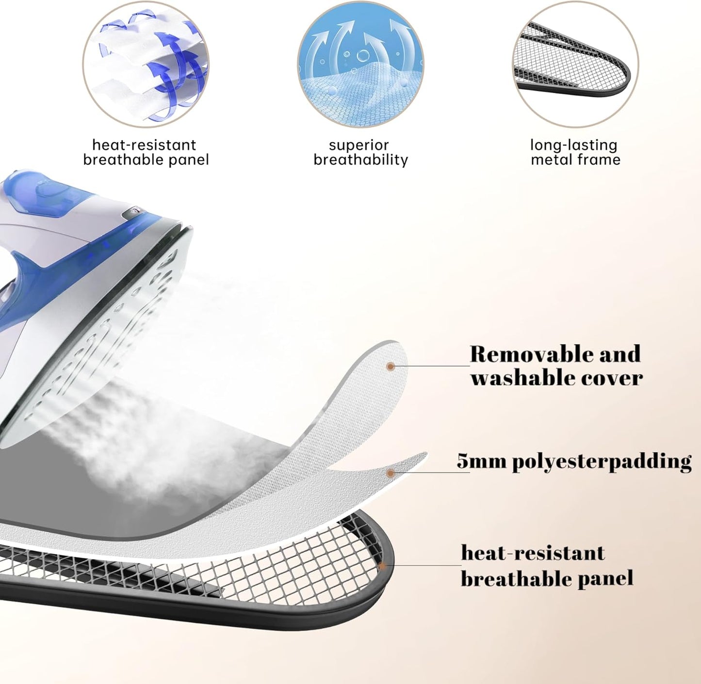 Ironing Board, Compact and Space Saver,Size 13 x 43, Metal Construction Ironing Boards with Extra Thick Heavy Duty Padded, Stable Structure,Skid Feet, Premium Iron Board,Grey