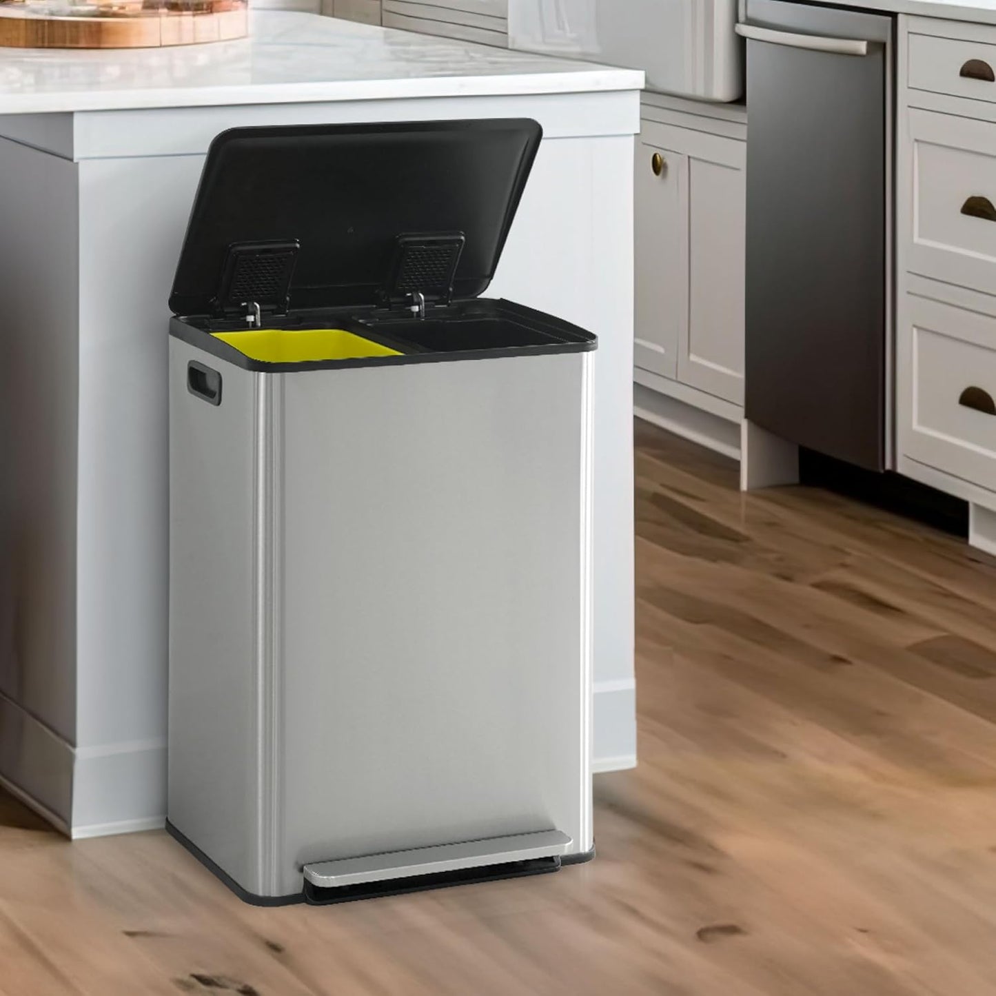 CAPHAUS Dual Trash Can with Lid, Trash and Recycling Bins Combo for Kitchen, Hands-Free Stainless-Steel Garbage Can with 2 Compartment, Hinged Lid, Odor Filter, Handles, 30L+30L, 2 x 8 Gallon