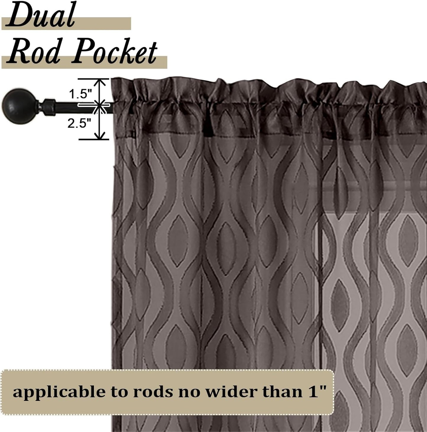 Aiyufeng Brown Sheer Curtains 72 Inches Long 2 Panels, Lightweight Clip Jacquard Textured Sheer Privacy Curtains for Bedroom Living Room, Classic Wavy Line Design Door Curtains, 40" Wx72 L Inches