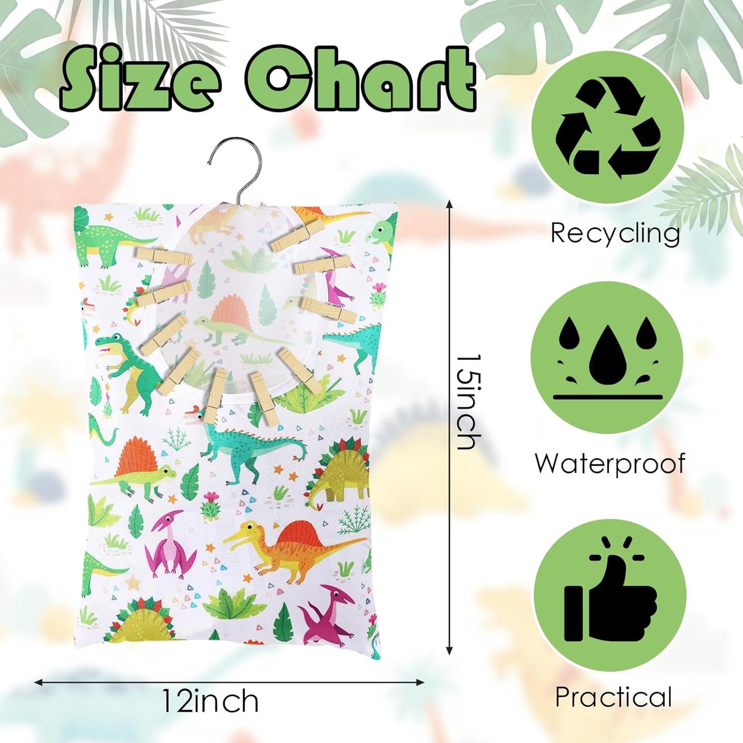 2 Pcs Dinosaurs Clothespin Holder - 15 X 11 Inch Clothes Pin Hanging Bag for Clothesline, Outdoor, Laundry Room and Wardrobe