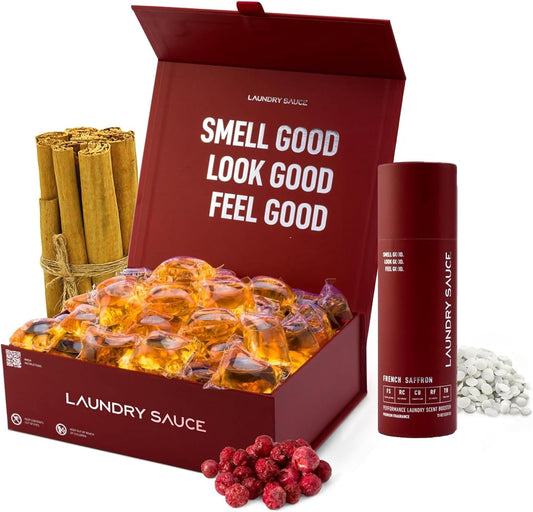 Laundry Sauce - Luxury Scented Laundry Detergent Pods & Scent Booster Bundle (French Saffron) - Natural Essential Oils, Easy-To-Use, Laundry Pods - Cruelty-Free, Paraben-Free, Dye-Free & HE Compatible