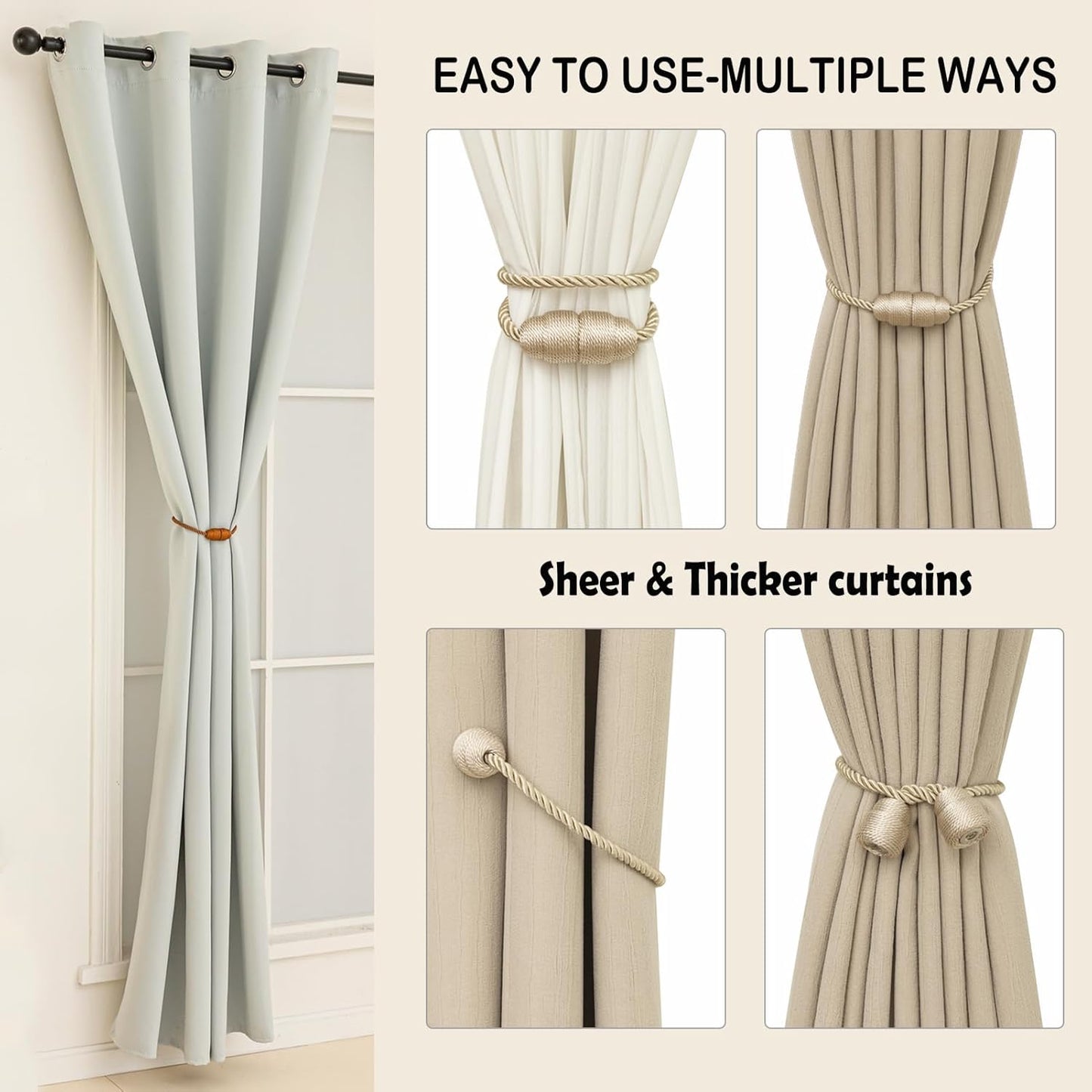 Magnetic Curtain Tiebacks Rope Curtain Tie Backs for Curtains 8 Pack Curtain Holders for Drapes Decorative Window Curtain Holdbacks, Beige