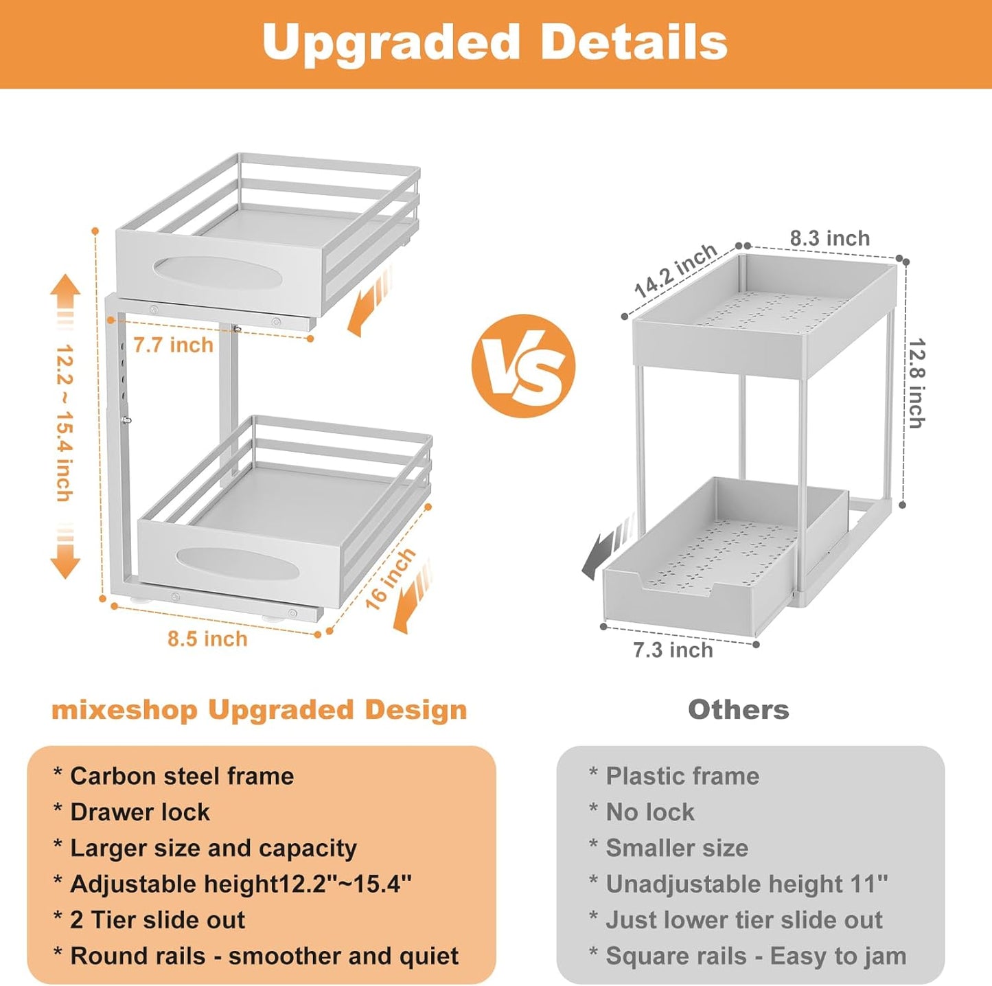 Under Sink Organizer, 2 Tier Under Sink Organizers and Storage, Adjustable Height, Slide out Metal Cabinet Organizers, Pull out Cabinet Storage Drawer Shelf for Kitchen Bathroom White, 2 Pack