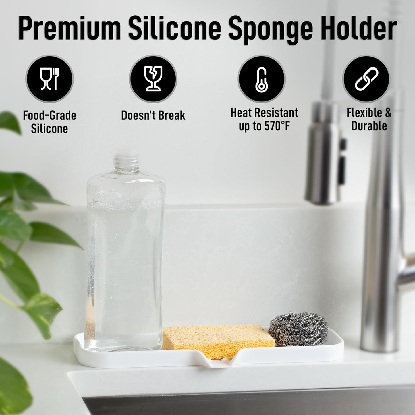 Zulay Large Silicone Sponge Holder (12x4) – Flexible Sink Organizer Tray for Kitchen & Bathroom – Multipurpose Soap Dish for Sponges, Makeup, Trinkets & More (White)