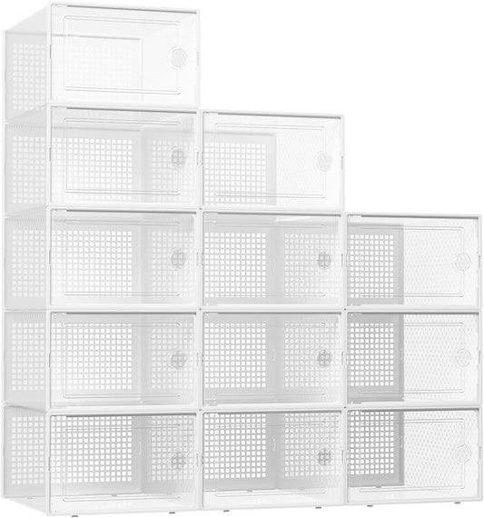 Kuject XX-Large Shoe Storage Boxes Organizers Clear Plastic Stackable 12 Pack, Shoe Rack & Holder Substitute, Sneaker Containers, Toy Storage Organizer Bins for Entryway, Closet, Under Bed, White