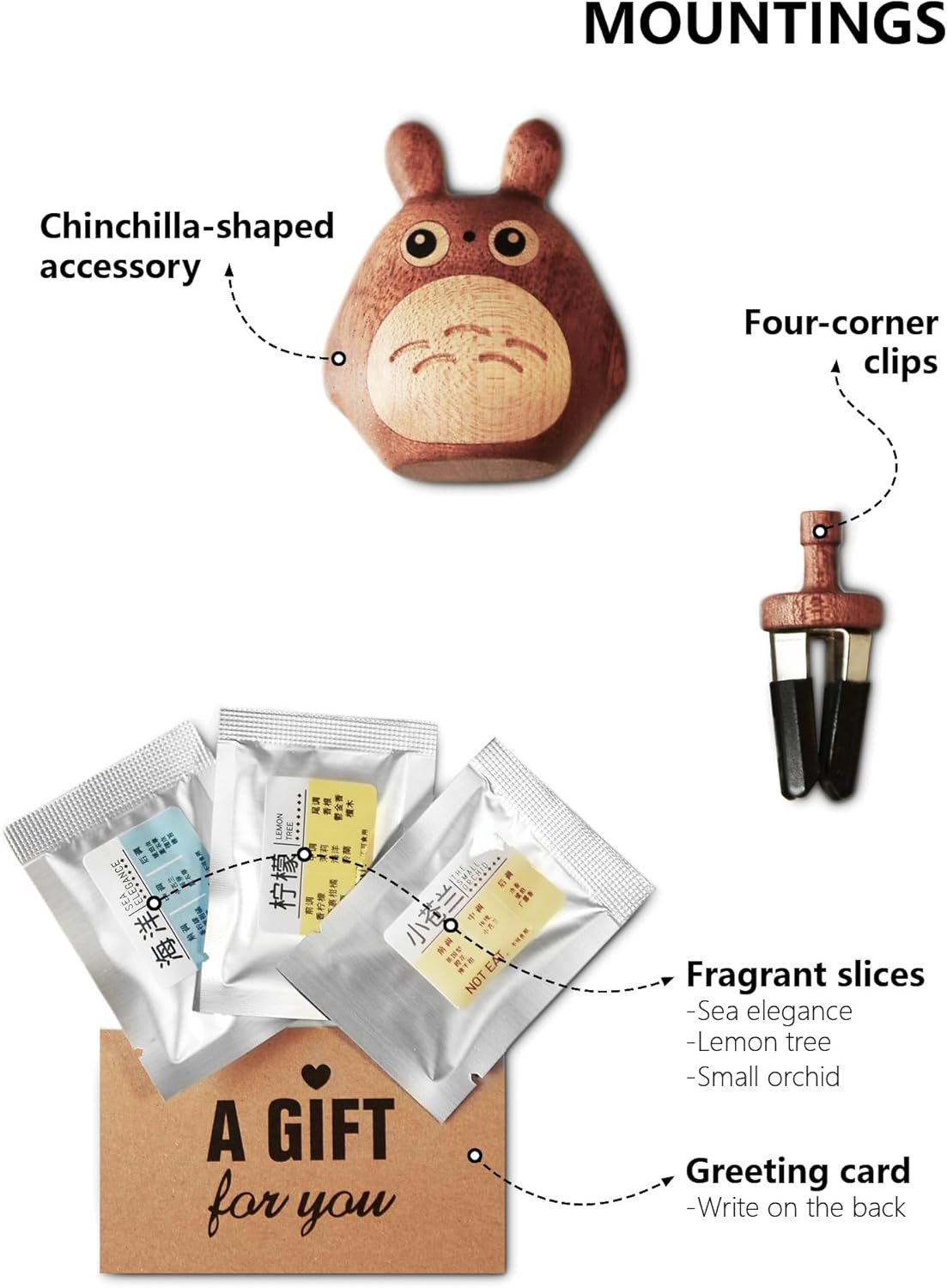 Handmade wooden Car Diffuser for Essential Oils and Refillable Air Freshener with Vent Clip Automotive Interior Chinchilla Cartoon and Festival Present Box