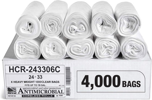 Aluf Plastics High Density Trash Bags, 16 Gallon, 4000 Count, 6 Micron (eq), 24" x 33", Clear, for Bathroom, Office, Industrial, Commercial, Janitorial, Municipal, Recycling