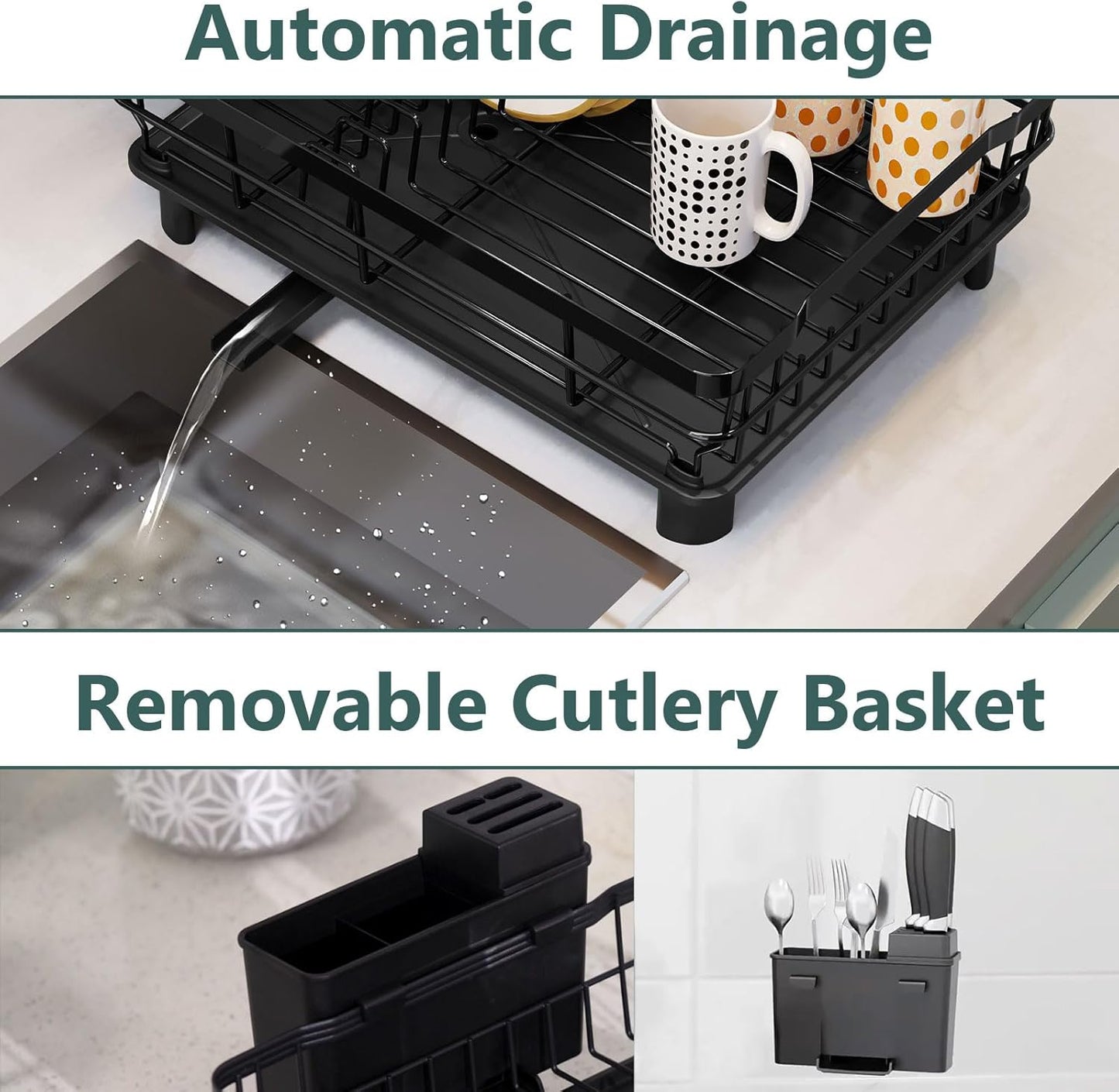 Iron Dish Drying Rack with Drainboard Dish Drainers for Kitchen Counter Extendable Spout Strainers with Utensil Holder and Knife Slots, Grey