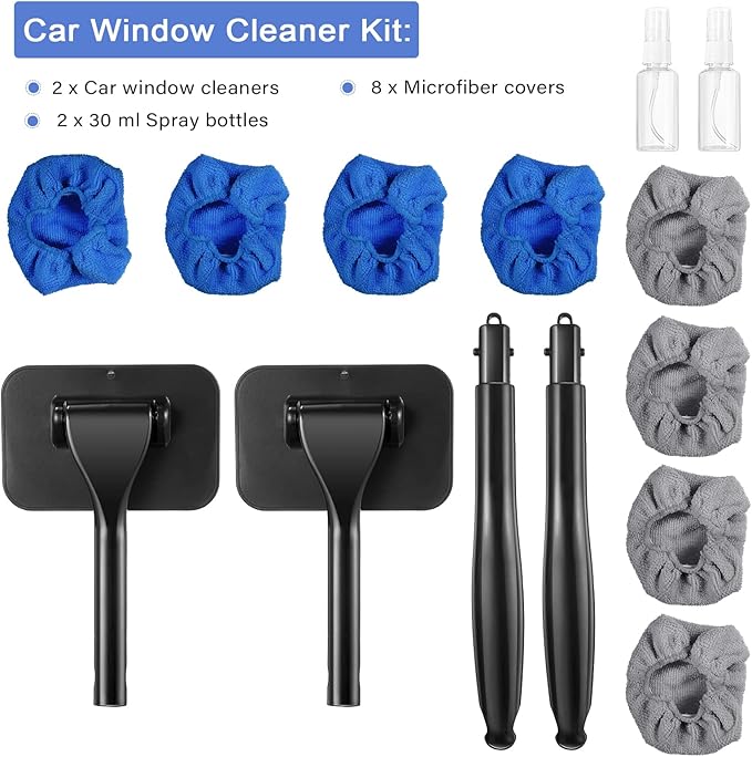 Frienda 2 Set Windshield Cleaner Tool Inside Car Windshield Cleaning Wand Auto Window Cleaner with Detachable Handle, 8 Reusable Microfiber Pads and 2 Spray Bottles for Car Interior(Gray, Blue)