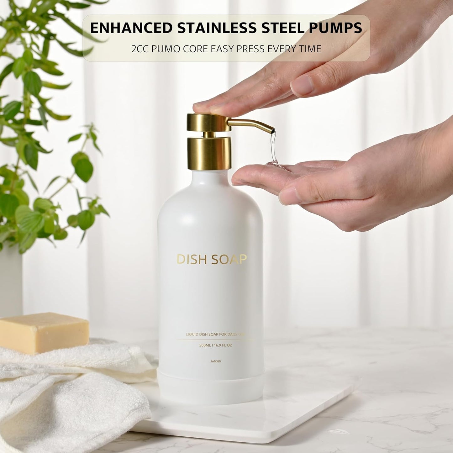 Glass Soap Dispenser Set by Janxin,Bathroom Soap Dispenser Set with Ceramic Tray,Luxury Bathroom Accessories,Modern Kitchen Decor (White+Gold(Dish Soap))