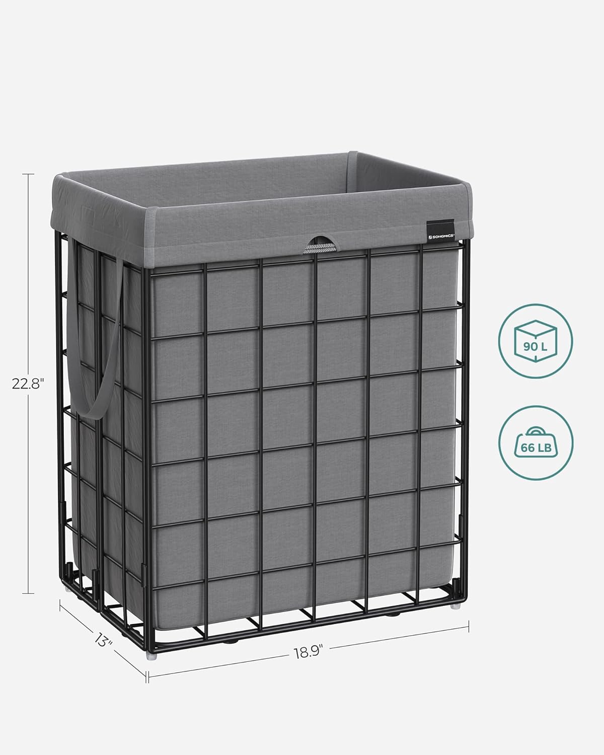 SONGMICS Laundry Hamper, 23.8 Gal. (90L) Laundry Basket, Collapsible Clothes Hamper, Removable and Washable Liner, Metal Wire Frame, for Bedroom Bathroom, Black and Gray ULCB190G01
