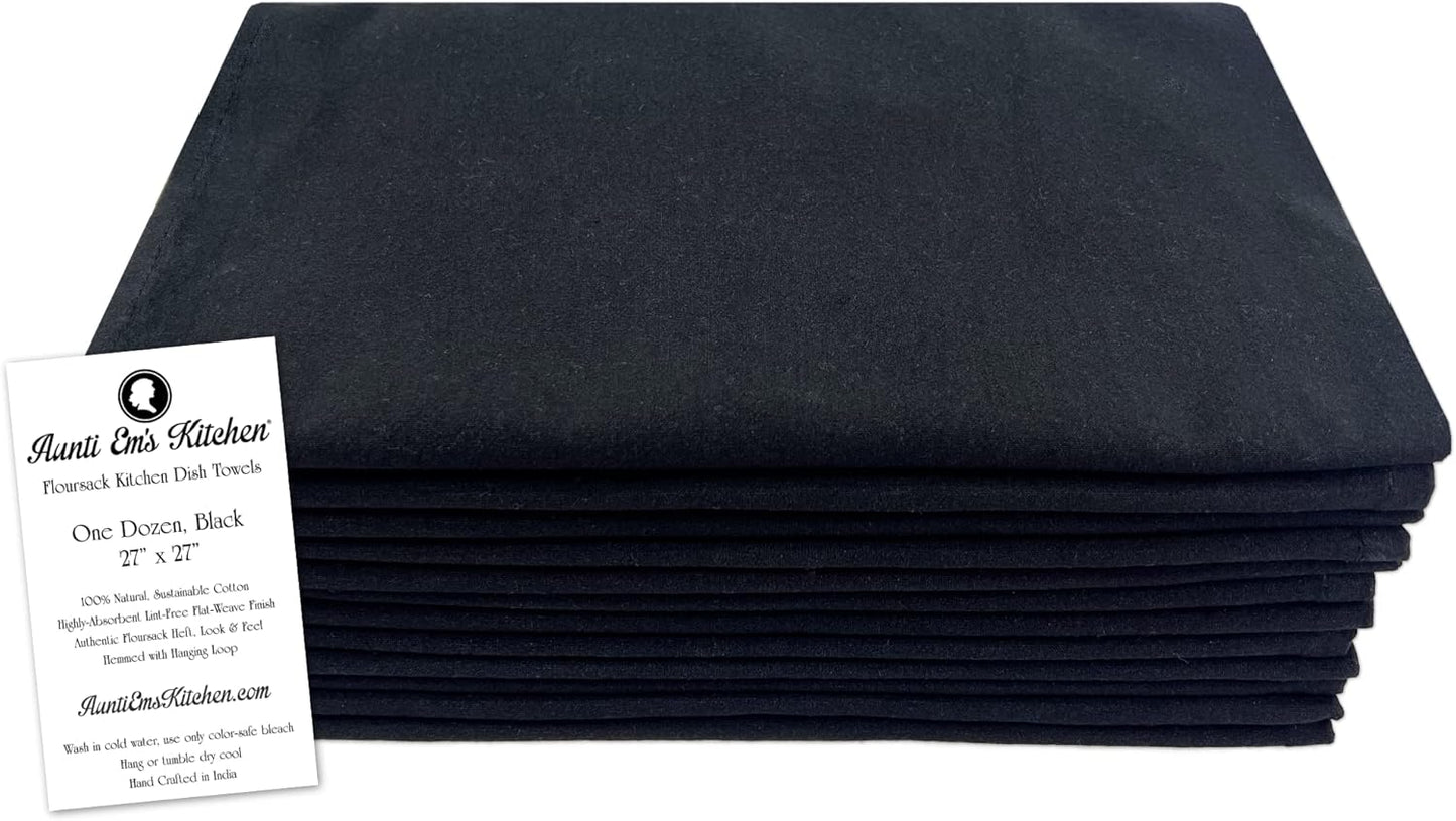 Aunti Em's Kitchen Flour Sack Dish Towels - Natural Cotton for Embroidery and Drying Glass, Hand, Dinnerware - Plain, Thick, Zero-Lint, Highly Absorbent - Set of 12, 27 x 27 Inch, Tuxedo Black