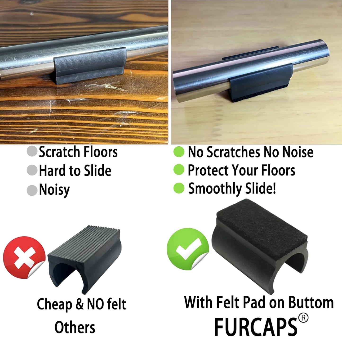 Rectangle U Shaped Chair Leg Tips Cap with Felt Pads,Furniture Feet Protectors Slide Smoothly Glides,Protect Hardwood Floor No Scratches No Noise,Fit 22mm(7/8inch) Diameter Tubular Legs (Black 8PCS)