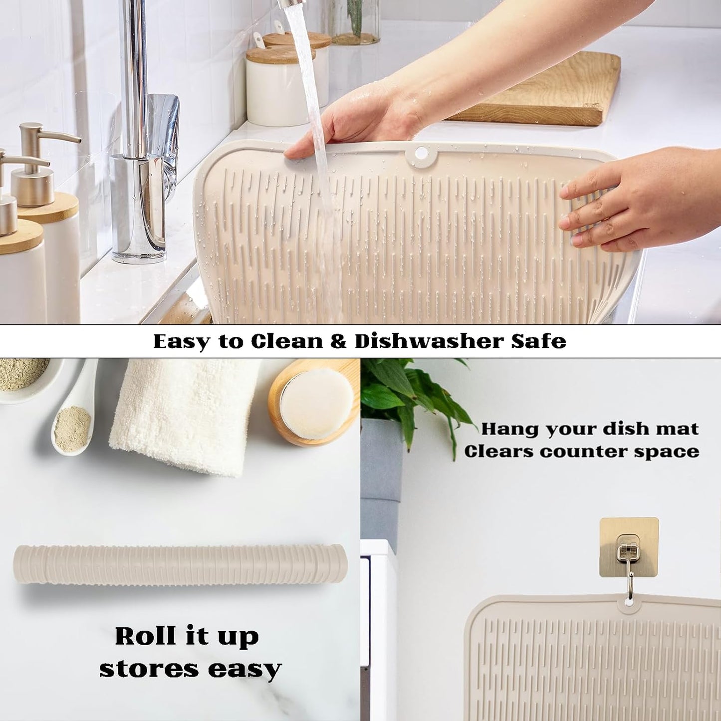 ZLR Silicone Dish Drying Mat for Kitchen Counter, Eco-Friendly Fast Dry Dish Mat, Easy Clean Multi Usage Drying Matt, Heat Resistant Trivet, 16" x 18" XL, Cassava White