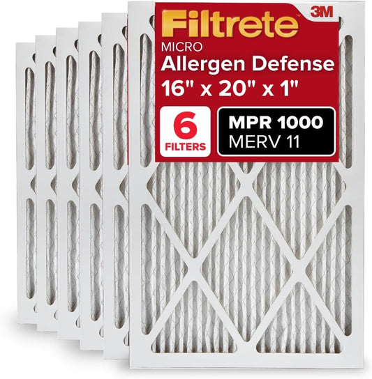 Filtrete 16x20x1 AC Furnace Air Filter, MERV 11, MPR 1000, Micro Allergen Defense, 3-Month Pleated 1-Inch Electrostatic Air Cleaning Filter, 6 Pack (Actual Size 15.69 x 19.69 x 0.81 in)
