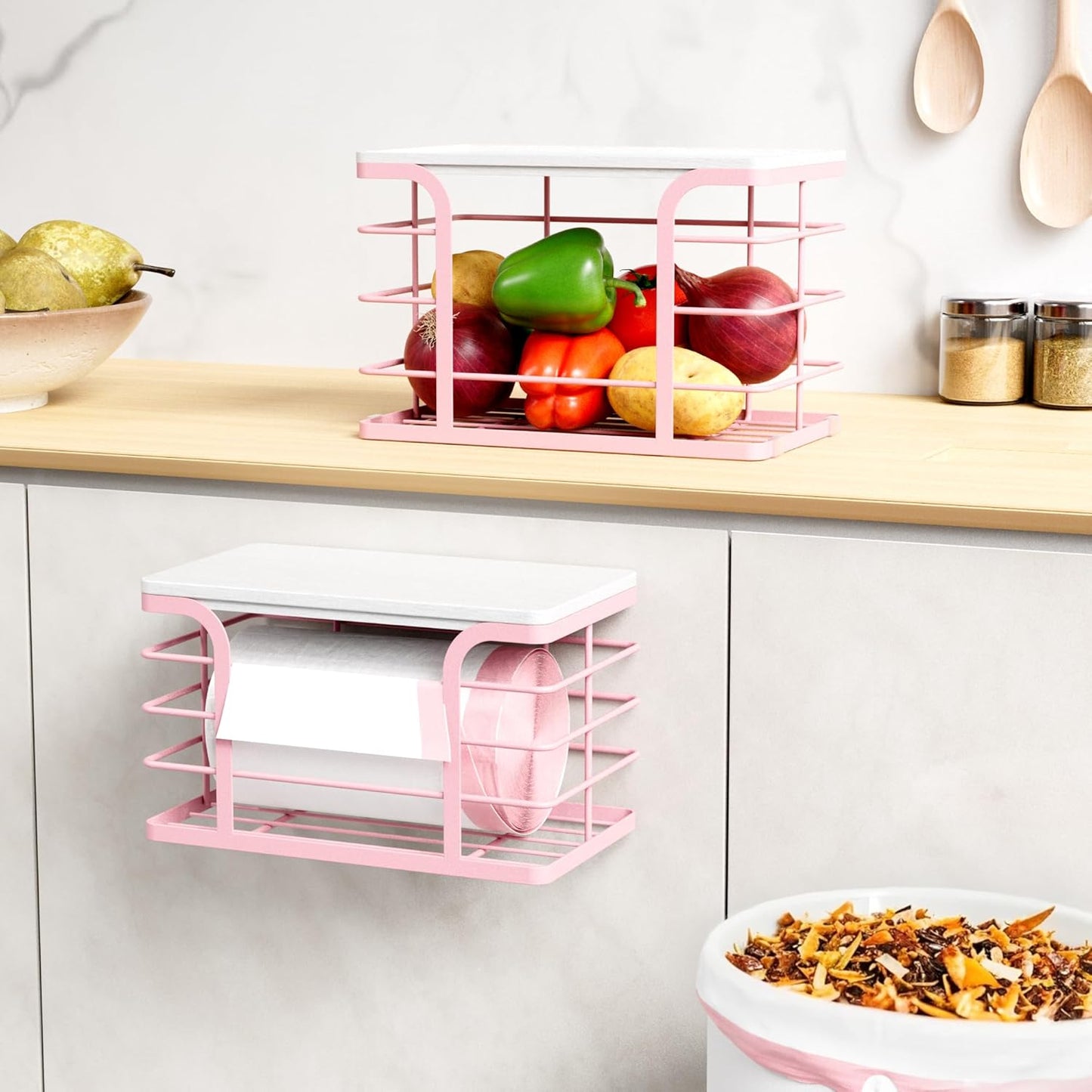 2 Pack Trash Bag Holder with Bamboo Top,Stackable Storage Bathroom Organizer Kitchen Laundry Pantry Organizers for Countertop Organization,Pink