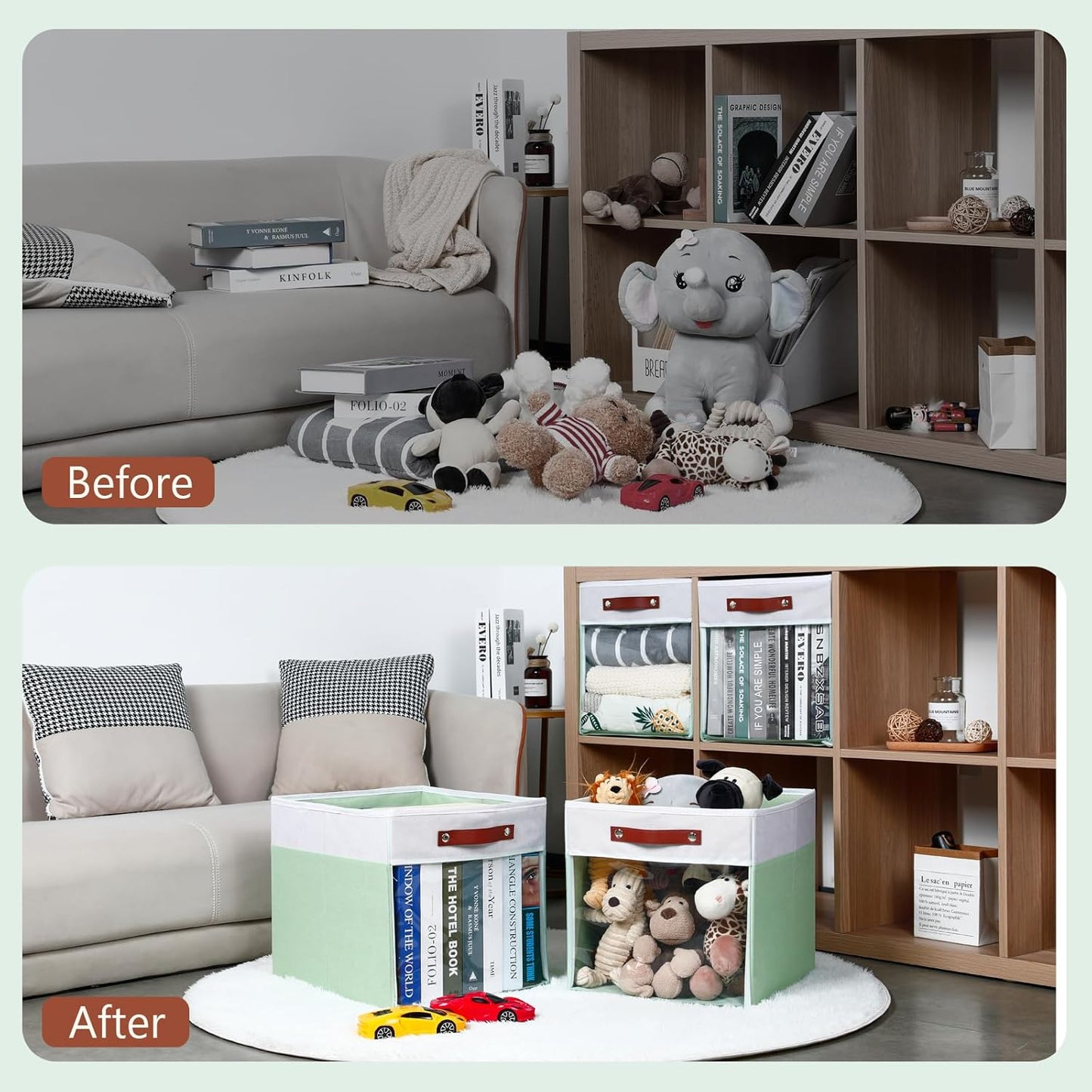 HNZIGE 13x15x13 Cube Storage Bins, 4 Pack Fabric Clear Organizer With Window, Large Collapsible Shelf Bins for Closet, Toy, Clothes - White Green