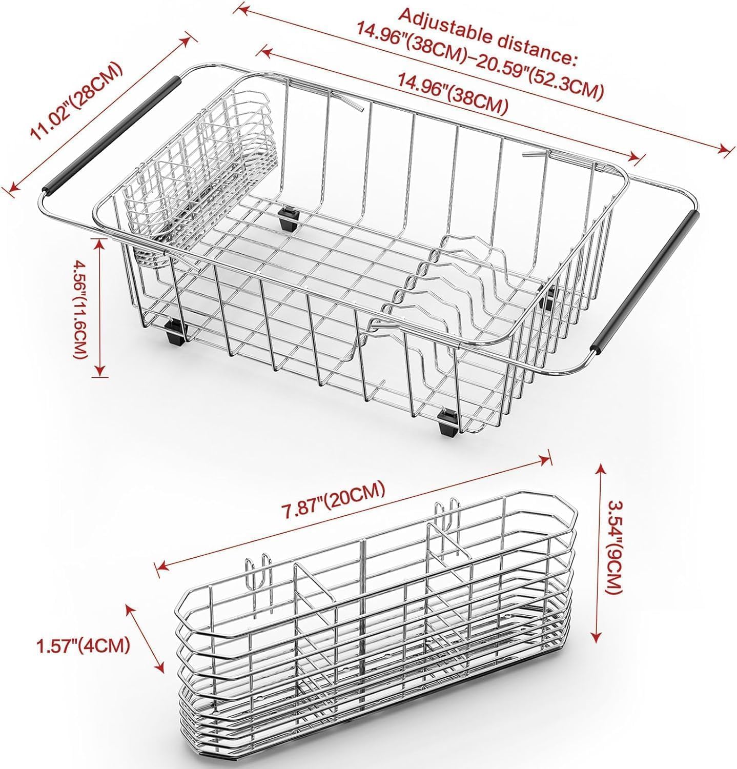 Large Sink Dish Drying Rack, Expandable 304 Stainless Steel Metal Dish Drainer Rack Organizer Shelves with Stainless Steel Utensil Holder Over Inside Sink, Rustproof