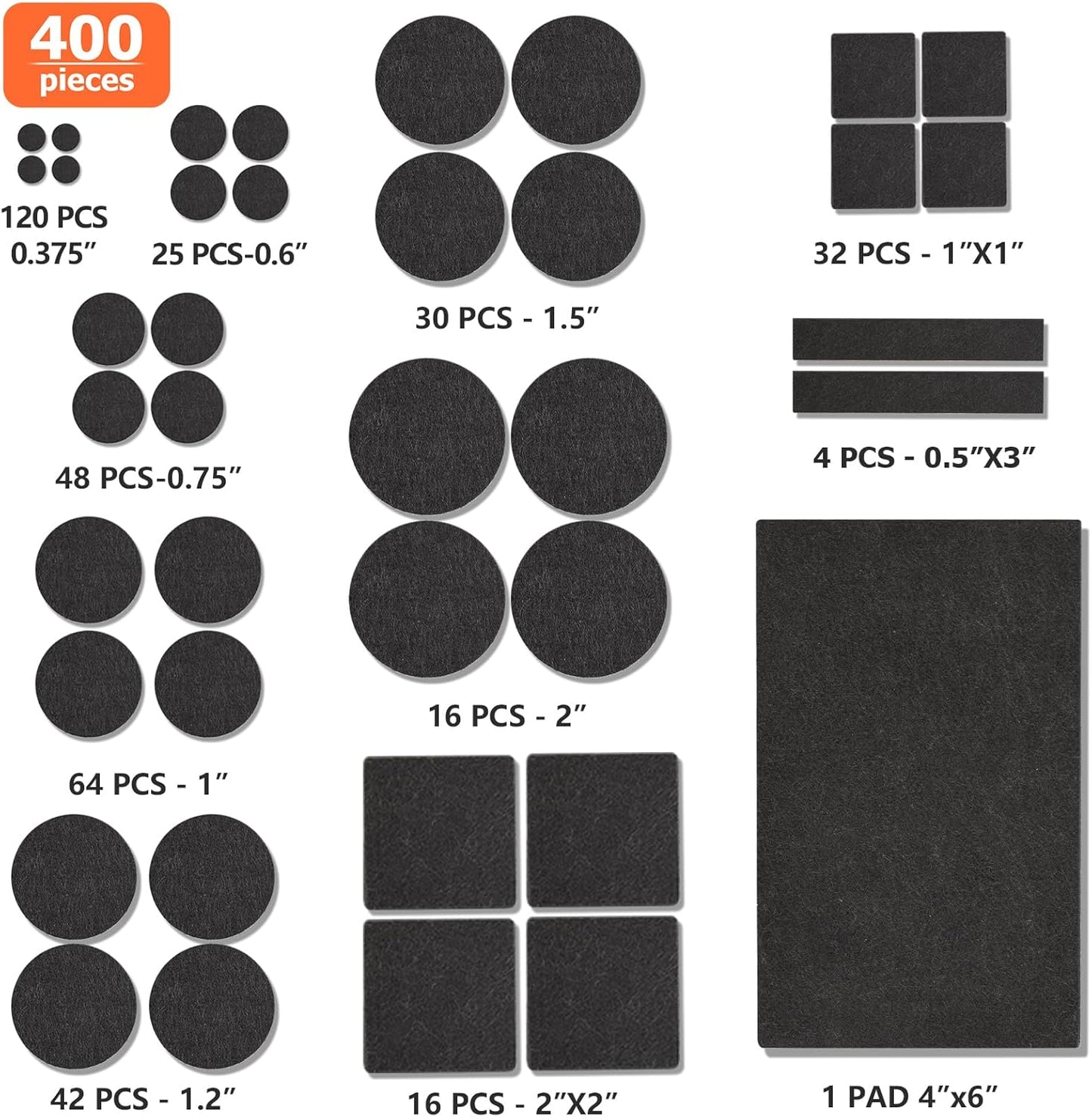 Felt Furniture Pads 400 Pieces, Furniture Pads for Hardwood Floors, Floor Protectors for Furniture Legs, Felt Pads for Furniture, Many Large Sizes Black