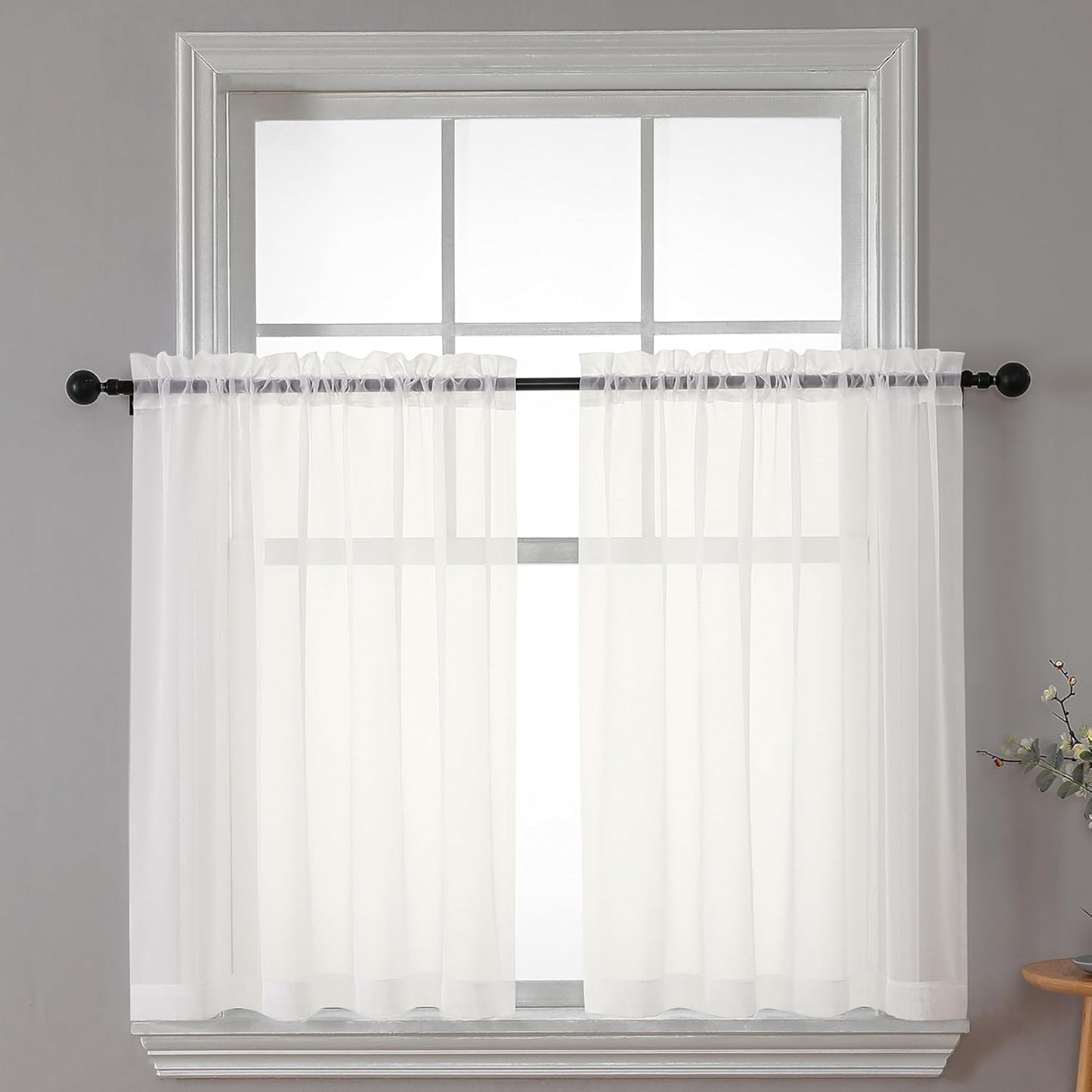 Chyhomenyc Sheer Curtains Tiers 2 Pieces Set, Light Filtering Small Curtains 24 in Length, Short Bathroom Living Room Cafe Basement Voile Window Curtains, Rod Pocket, 42W x 24L Inches, Ivory