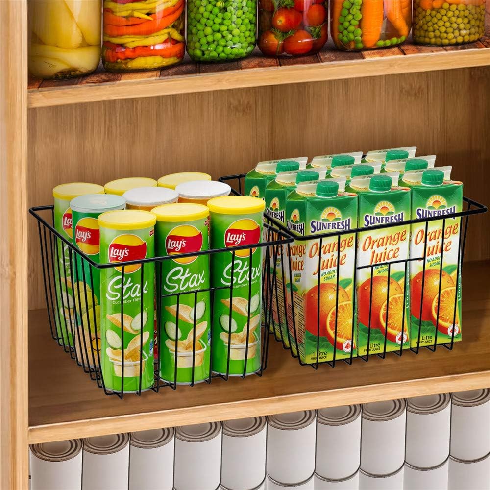 Slideep Refrigerator Freezer Organizer Wire Storage Basket , Farmhouse Food Wire Bins Container with Handles for Kitchen, Pantry, Freezer, Cabinet, Car, Bathroom Black 4 Pack