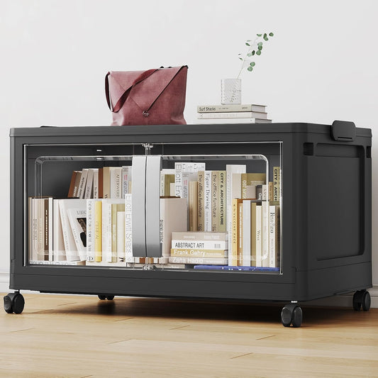 BROVIEW 160QT Stackable Storage Bins with Lids, 40Gal Extra Large Collapsible Storage Box with Wheel, Plastic Storages with Clear Door Open Front for Home Kitchen Garage, Black-1pack