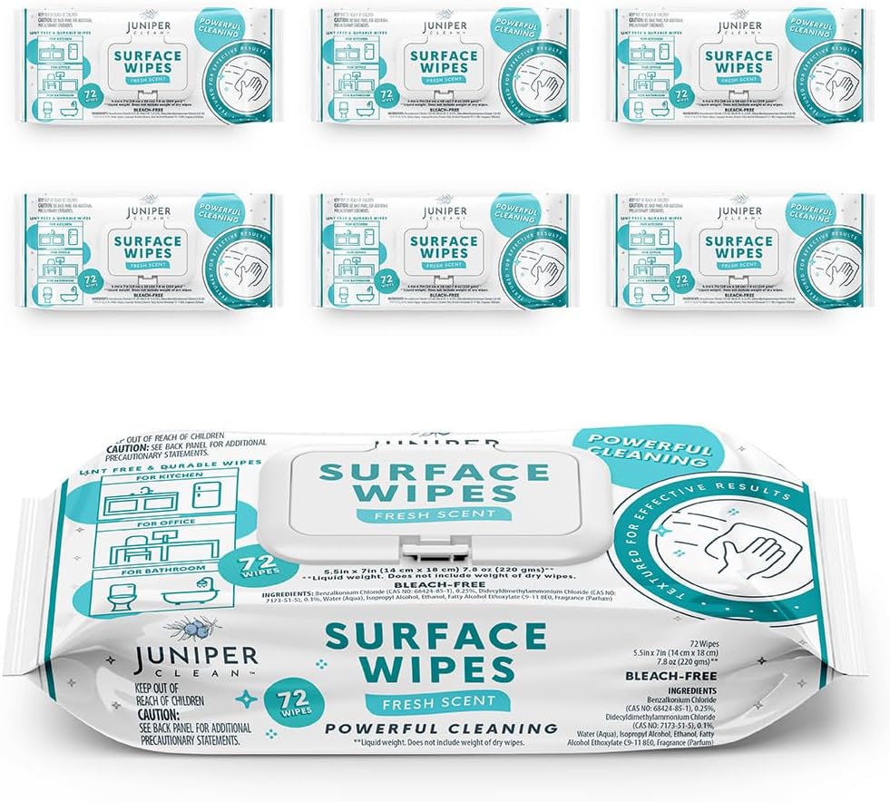 6 Pack Surface Cleaning Wipes Bleach Free, All-Purpose Cleaner for Bathroom, Kitchen, Office, 72 Count Soft Flow, Fresh Scent, Lint Free & Durable