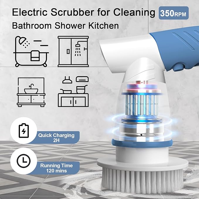 Electric Spin Scrubber, IEZFIX Electric Cleaning Brush Bathroom Shower Scrubbing Cleaner Brush Power Scrubber Cordless with 4 Replaceable Brush Heads for Bathtub, Tile, Floor, Toilet, Kitchen - Blue