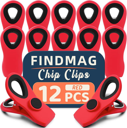 FINDMAG 12 Pack Chip Clips, Red Magnetic Bag Clip for Food Packages, Airtight Clips with Handle Durable Bag Sealers for Metal Surface, Garden, Fridge, Potatoes, Bread, Kitchen