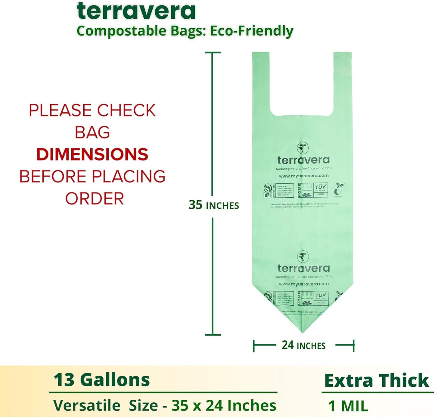 13 Gallon Compostable Trash Bags - Handle Tie | Extra Thick 1 mil|BPI & OK Home Certified ASTM D6400 Standards | Food Scraps, Kitchen Trash, Home & Yard Waste Bags | 30 Count compost bags