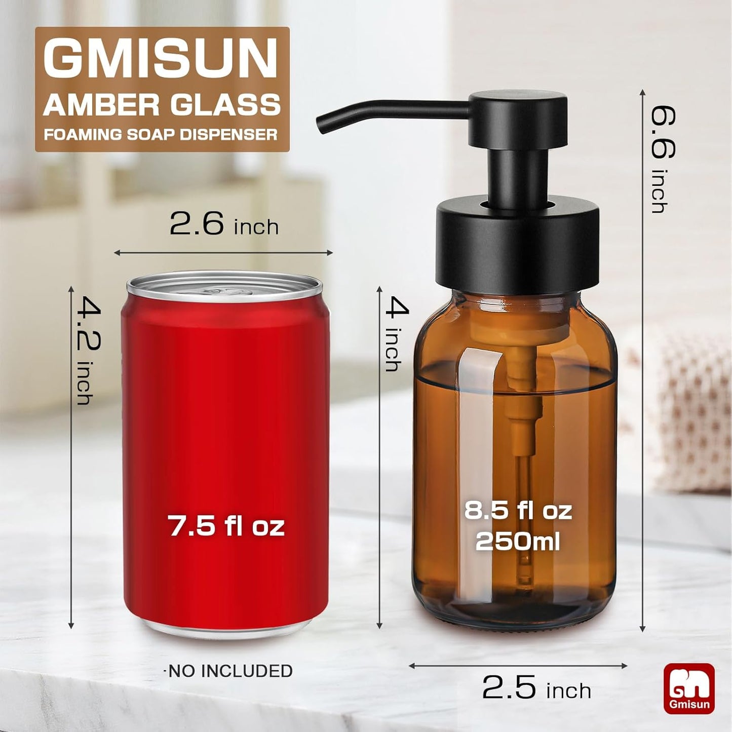 GMISUN Amber Foam Soap Dispenser, 8.5 Fl oz Amber Glass Foaming Hand Soap Dispenser for Bathroom & Kitchen, 2 Pcs Modern Refillable Foaming Soap Dispensers, Foam Pump Bottle with Label & Silicone Boot