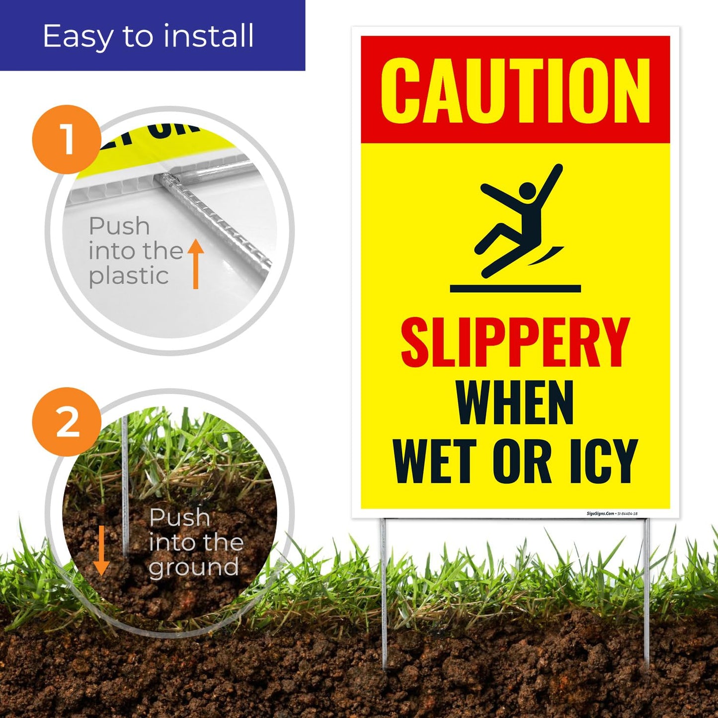 Caution Slippery When Wet or ICY Sign, (SI-84404) (4 Pack) Double Sided 12x18 Inches, Corrugated Plastic with Metal H Stake, Made in USA by Sigo Signs