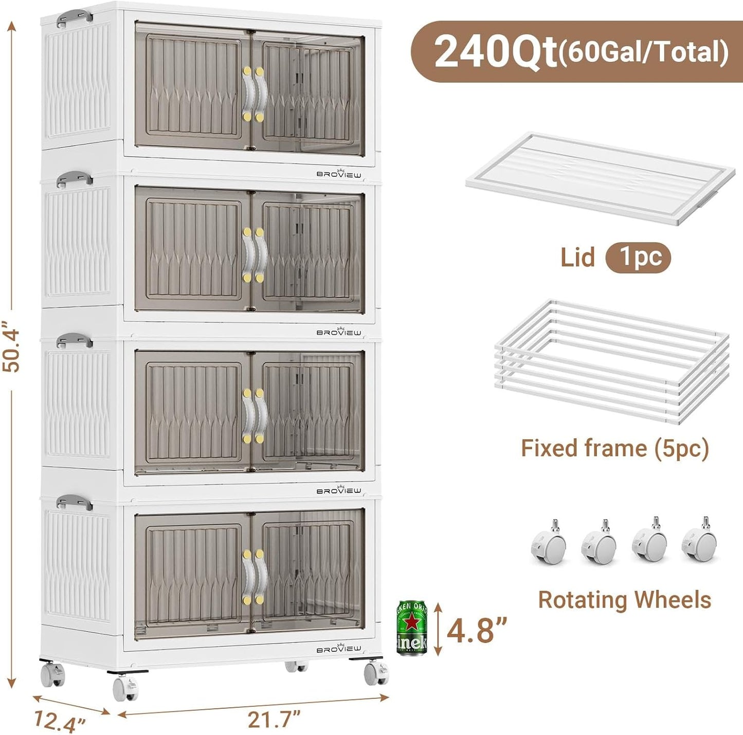 BROVIEW 240Qt Stackable Storage Bins with Lid, Extra Large Closet Organizer Collapsible Drawer Boxes with Wheels, Folding Plastic Cabinet Containers for Home Kitchen Room Organization, 4Pack White