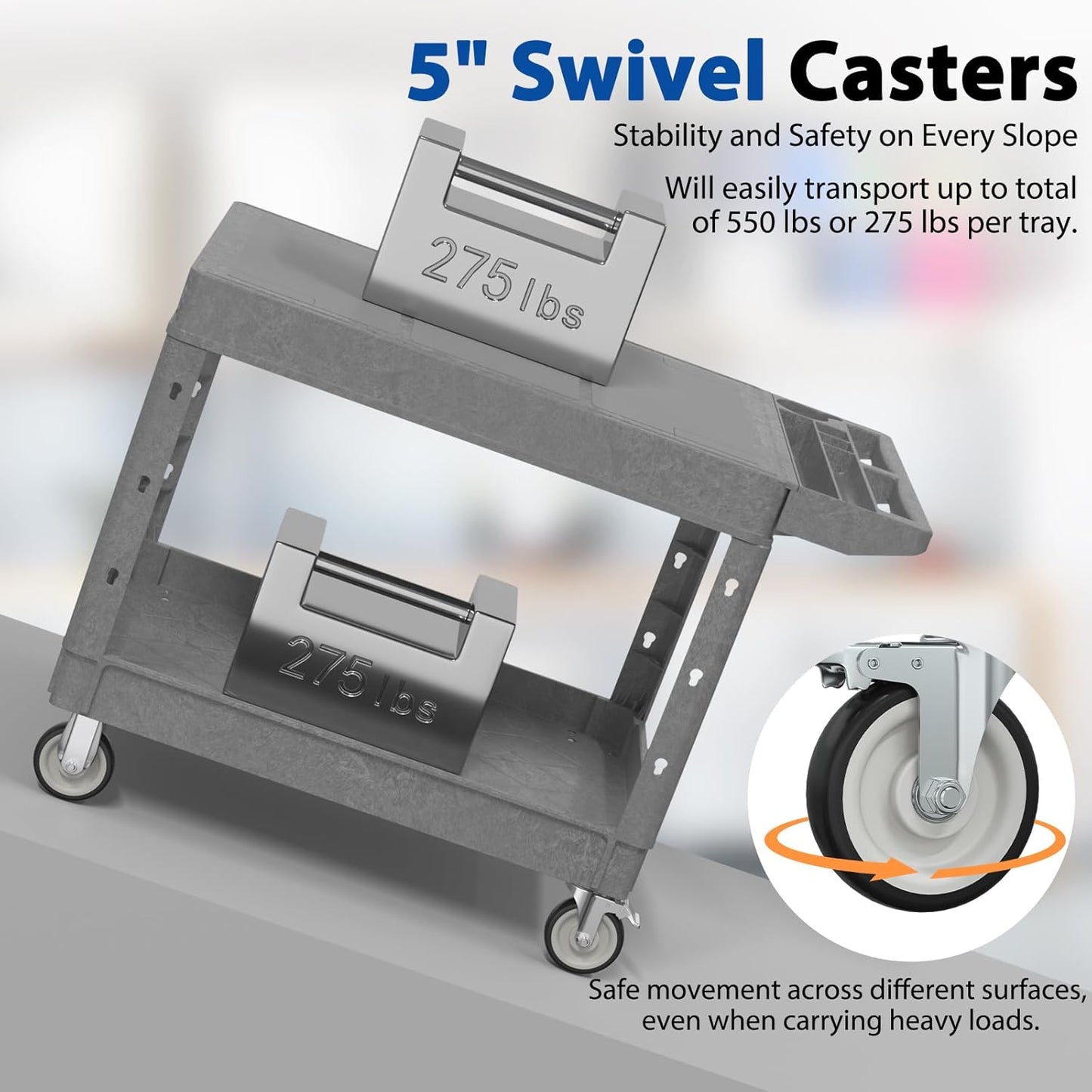 Large Garage Flat Top Utility Cart, Heavy Duty 2 Shelf Tool Cart Service Cart Rolling Push Carts with Ergonomic Handle 5" Swivel Casters.