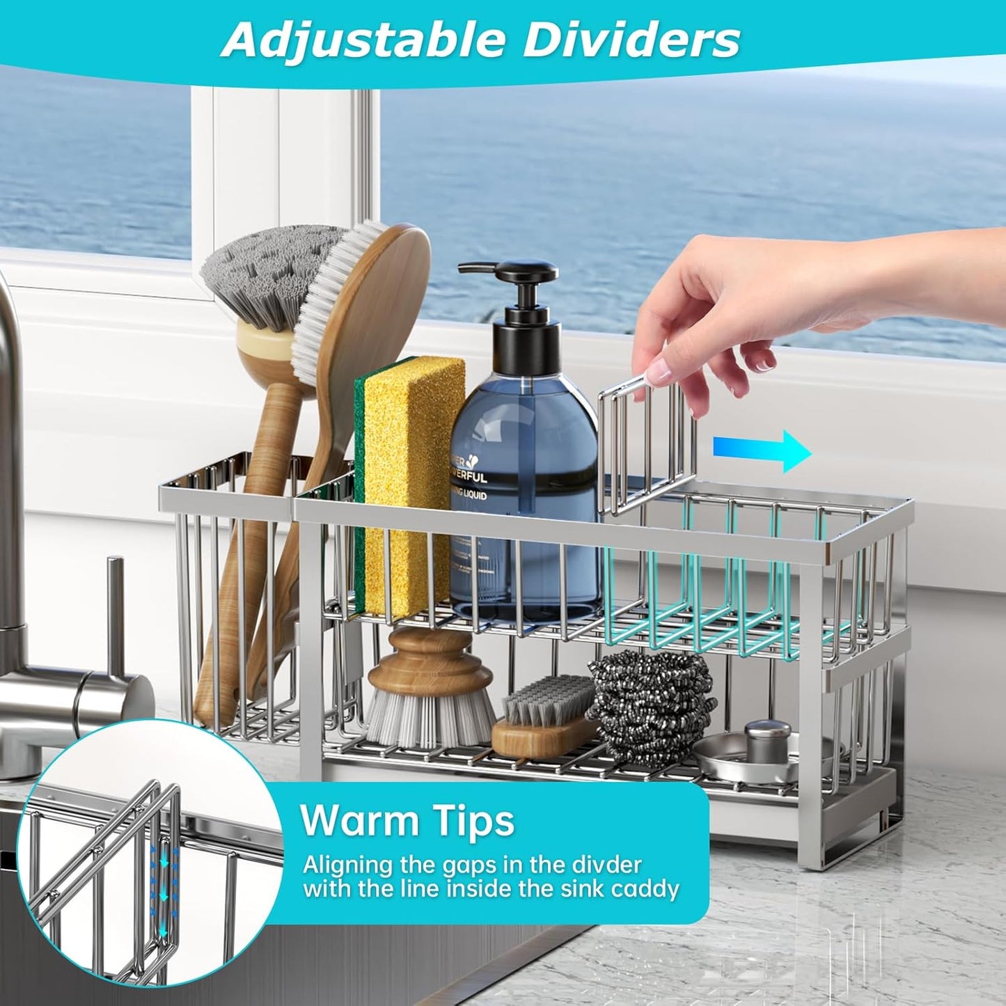 Sponge Holder for Kitchen Sink, 2 Tier Sink Caddy Organizer Countertop with Dish Brush Holder and 360° Drain Tray, Rustproof Stainless Steel Dish Soap Storage Rack Set for Accessories Silver