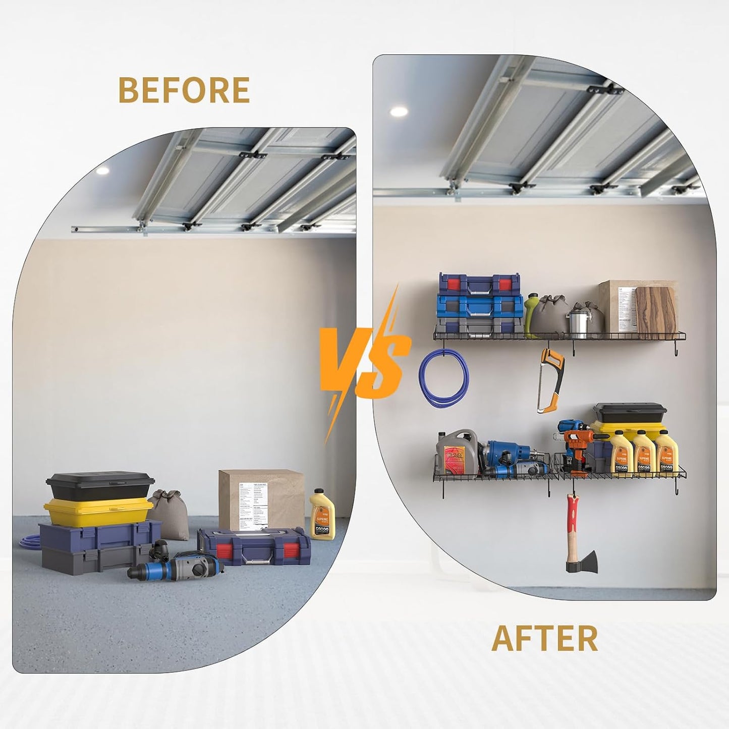 4 Pack Garage Wall Shelf, Garage Wall Mounted Shelving, Heavy Duty Floating Shelves With 8 Hooks, Loads 180 LBS Black Wall Shelves Mesh Storage Rack for Office, Basement, Wall Cabinet and Kitchen