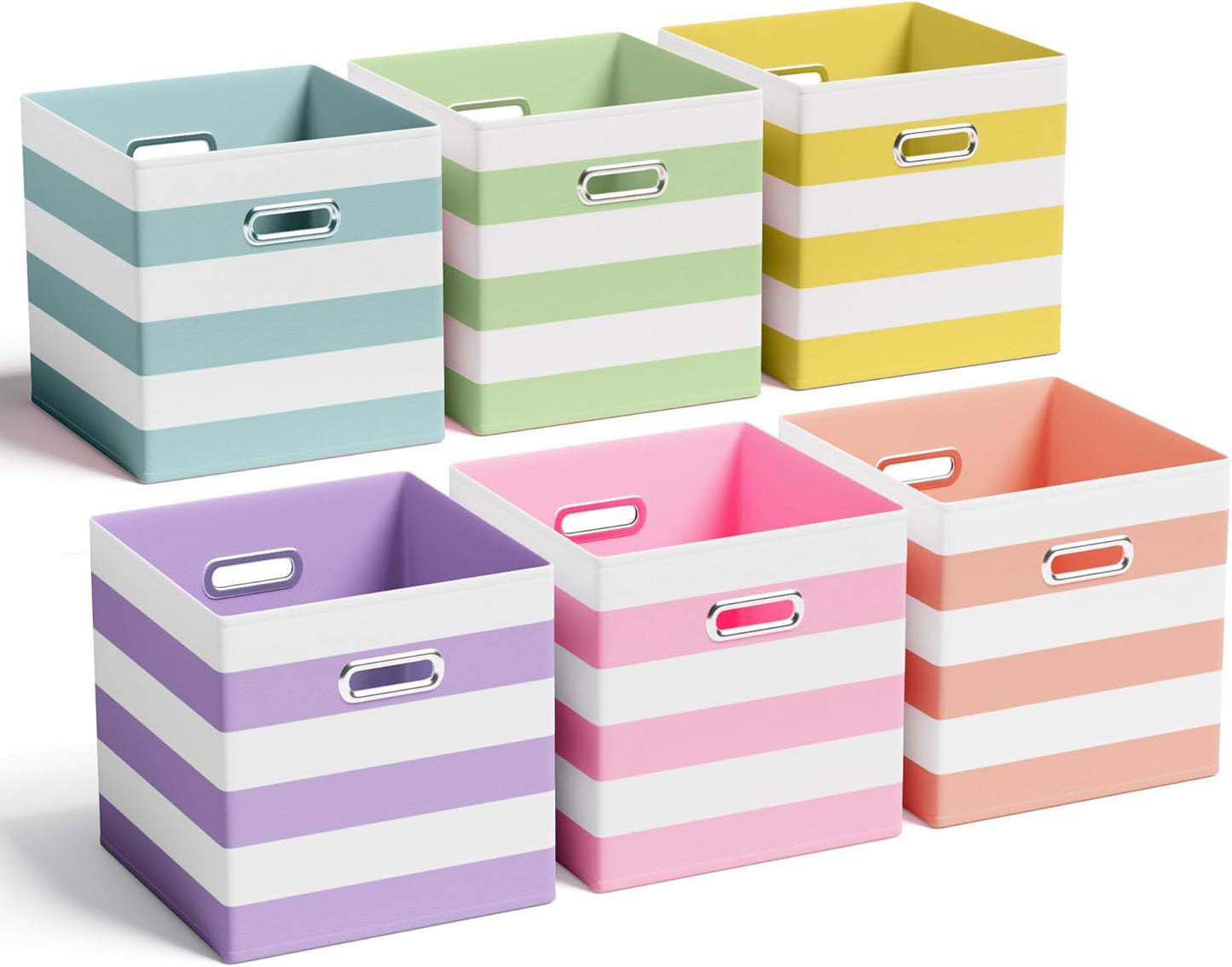 6 Pcs Fabric Storage Cubes Bins with Metal Handle Christmas Storage Bin 11 Inch Macaron Colored Striped Collapsible Bins Holiday Storages Organizer for Gift Books Kids Room Closet and Toys