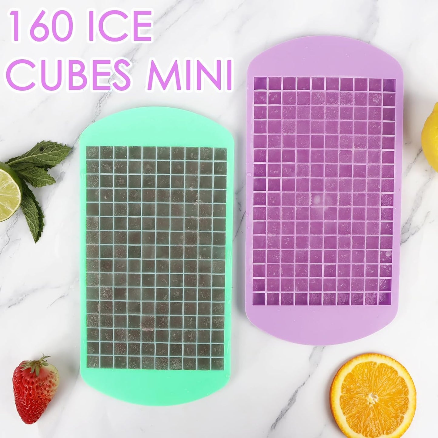 Silicone Mini Ice Cube Trays 2 Pack, 160 Crushed Ice Cube Molds, Easy Release Small Ice Cube Trays with BPA free & Quick freezing, Reusable, for Baby Food, Chilling Whiskey Cocktail (Purple+Green)