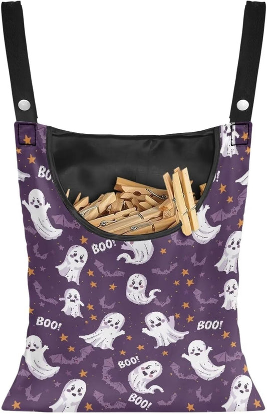 Cute Ghost Clothespin Storage Hanger Bags Laundry Clothespin Bag with a Large Opening, Hanging Storage Organizer with Hanging Rope for Home Outdoor Waterproof Clothespin Storage