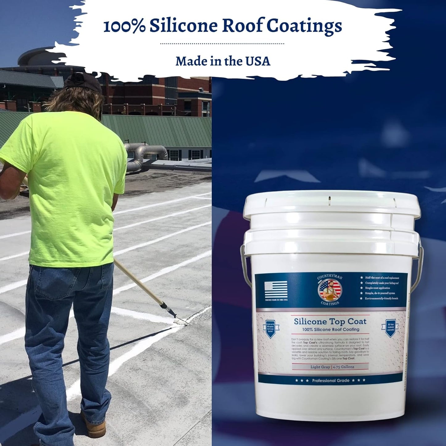 Countryman Coatings 100% Silicone Roof Coating - Restore Your Roof in a Day - Seal Leaks, Cracks, Seams, Penetrations - Adheres to All Surfaces (4.75 Gallon, Light Gray)