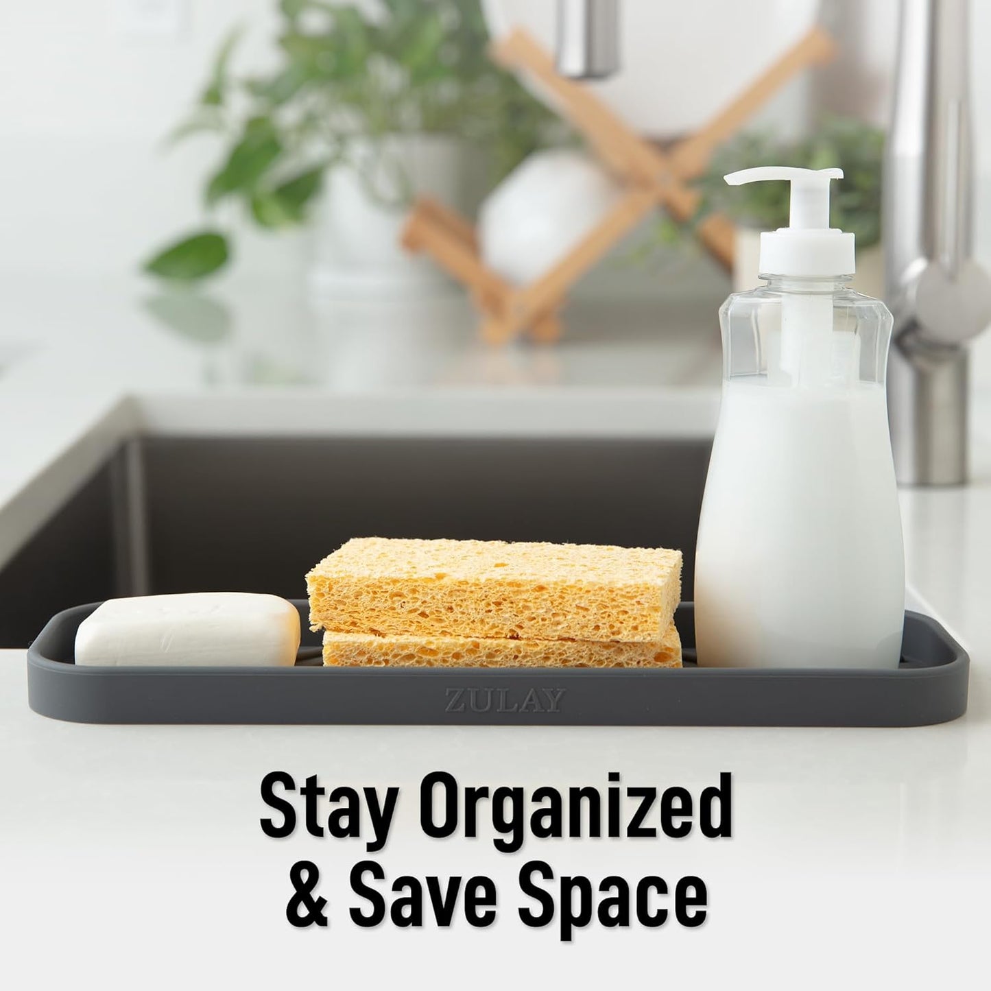 Zulay Large Silicone Sponge Holder (12x4) – Flexible Sink Organizer Tray for Kitchen & Bathroom – Multipurpose Soap Dish for Sponges, Makeup, Trinkets & More (Grey)