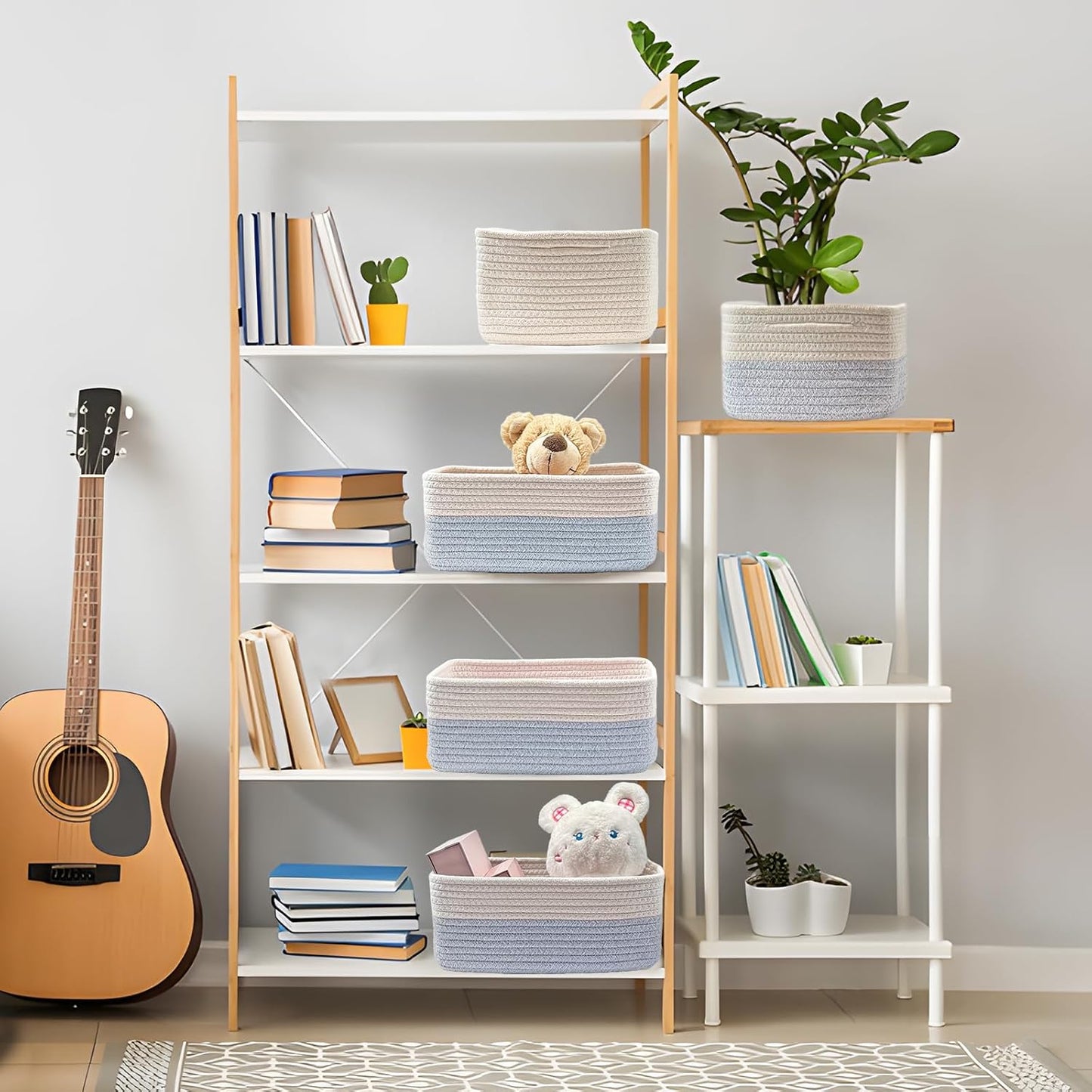 COMFY-HOMI 13" x 8.5" x 5.1" Storage Baskets for Organizing | Cotton Rope Woven Basket | Toy Storage Bin Box | Basket for Shelves, Closet Organizer Bin, Decorative Closet Shelf, 3 Pack, white/bule