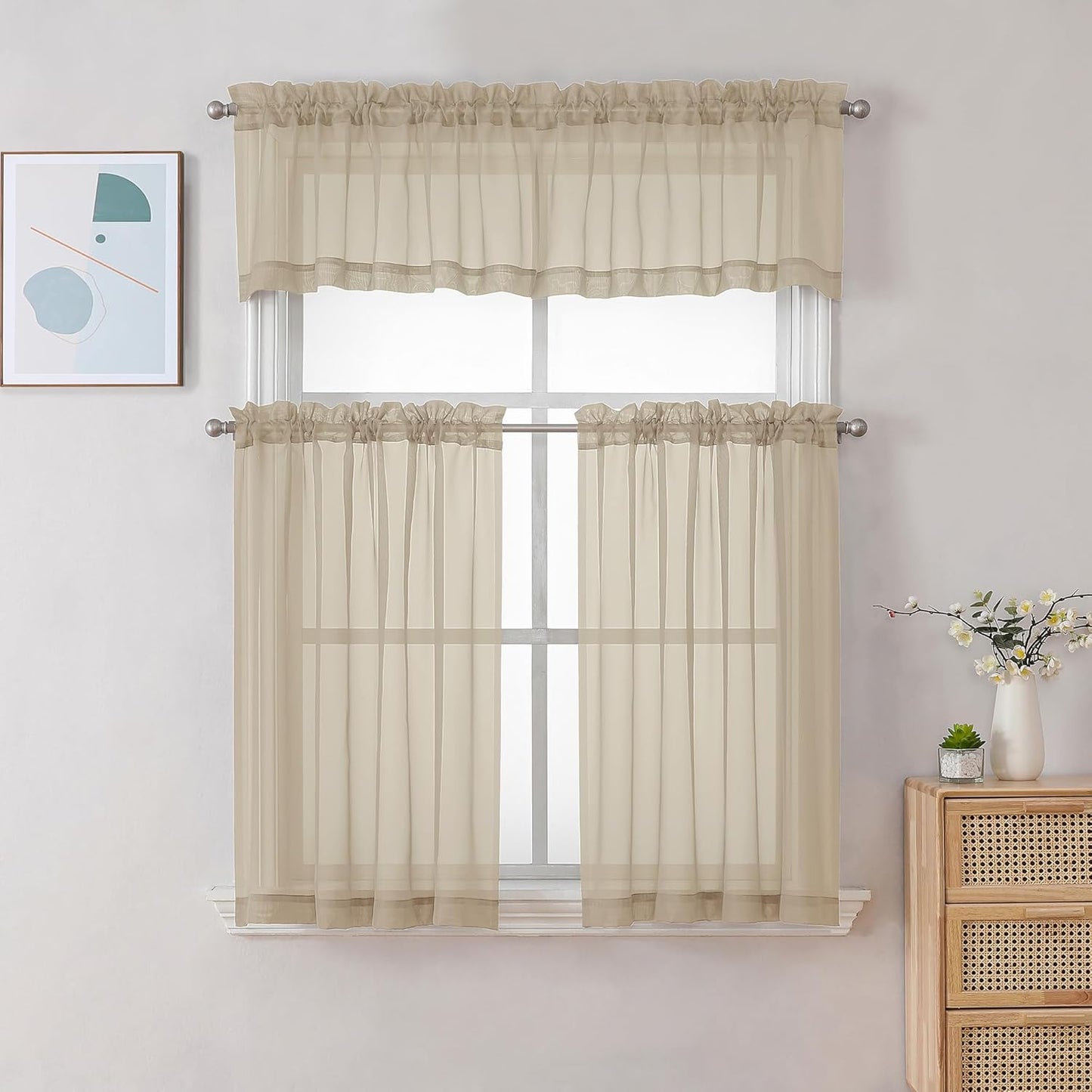 Chyhomenyc Sheer Taupe Valances for Windows 2 Pack, Small Window Curtains for Living Room Bathroom Cafe Laundry Basement, Modern Top Dual Rod Pocket Voile Curtain, 42W x 18L inches, Taupe